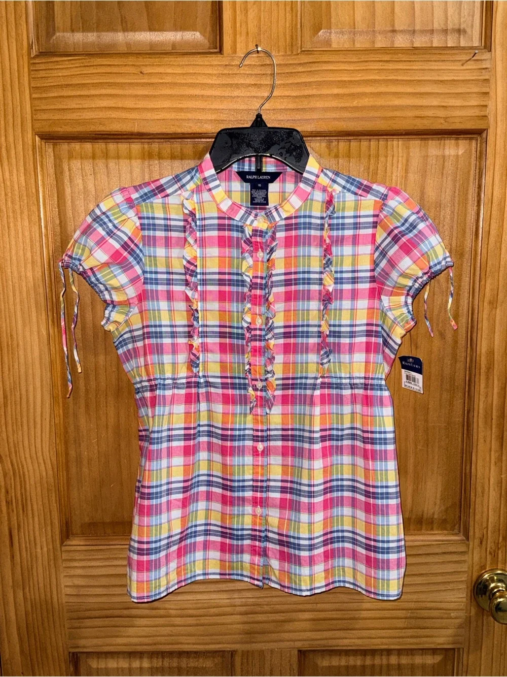 Ralph Lauren Pink Yellow Blue Plaid Ruffle Front Short Sleeve Blouse